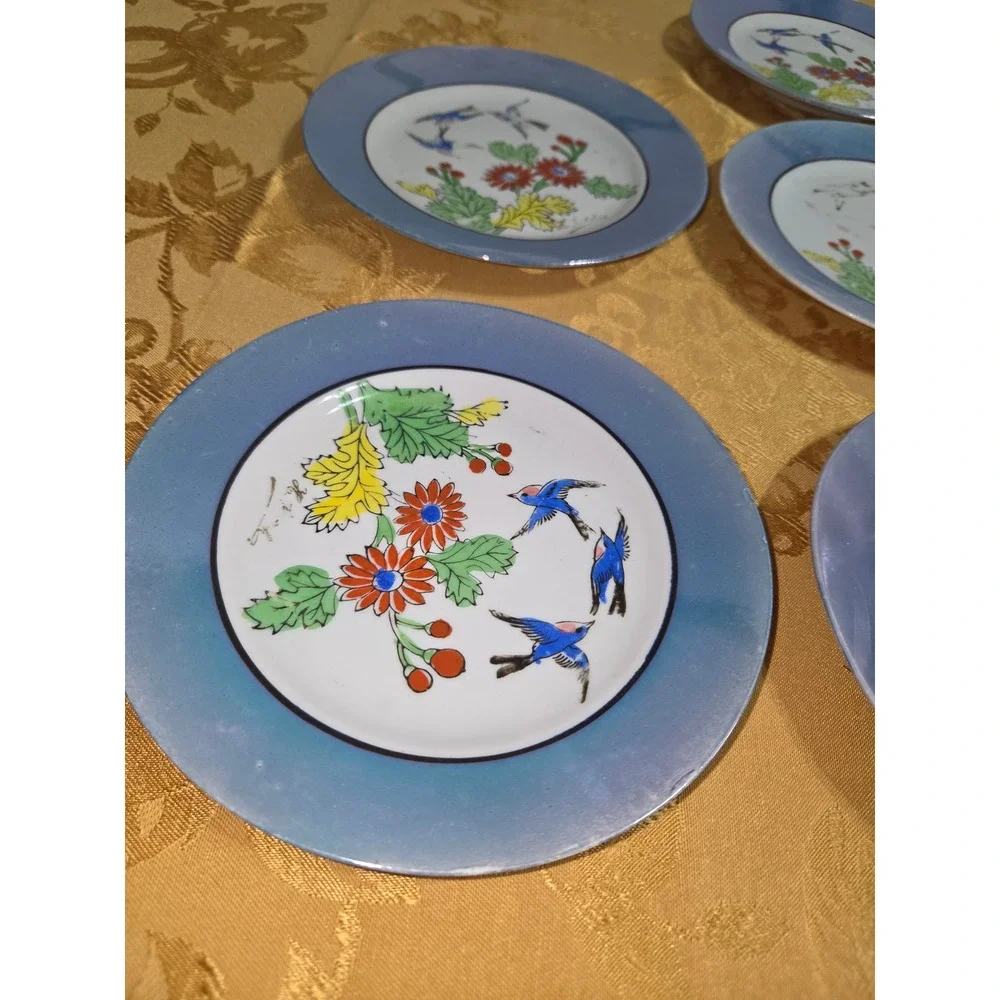 Vintage Japanese Lusterware Bluebird Flower Plates Set of 7 Made in Japan Blue